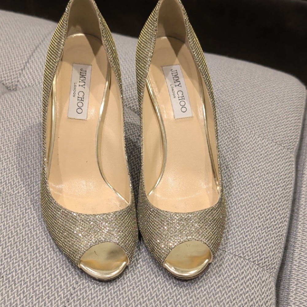 Jimmy Choo Glittering Gold Peep Toe Heels